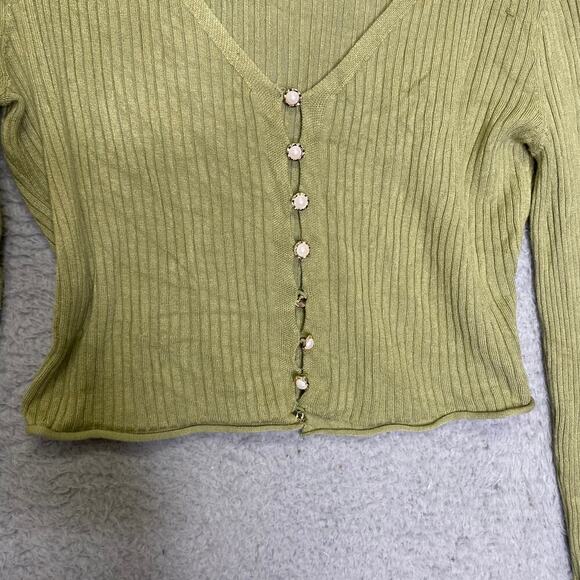 Pink Robin womens S green cropped cardagain Y2K pearl buttons ribbed stretch - Picture 2 of 8